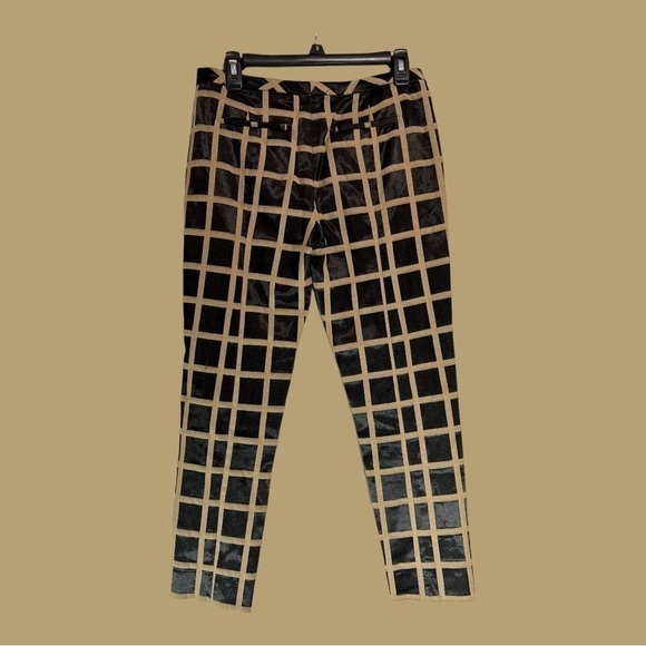 Halogen Pants - Halogen Quinn Fit Dress Pants Skinny Leg Plaid Pattern Gold on Black Petite 2P